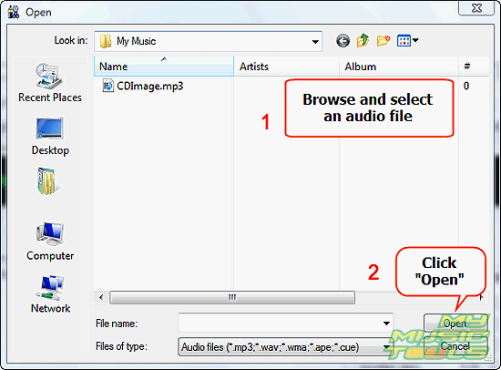Browse and select your audio file